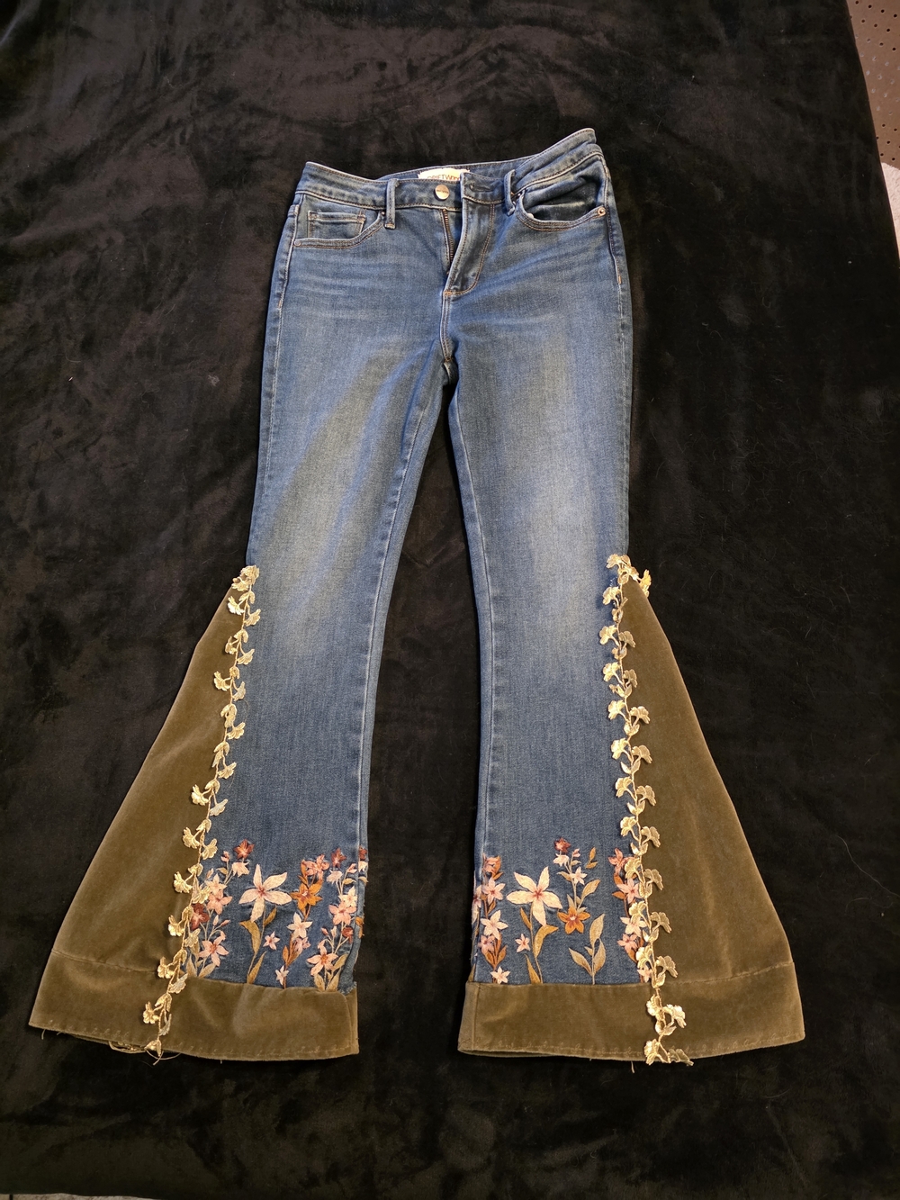 DRIFTWOOD Blue Denim Flare Jeans with Olive Panels & Floral Embroidery